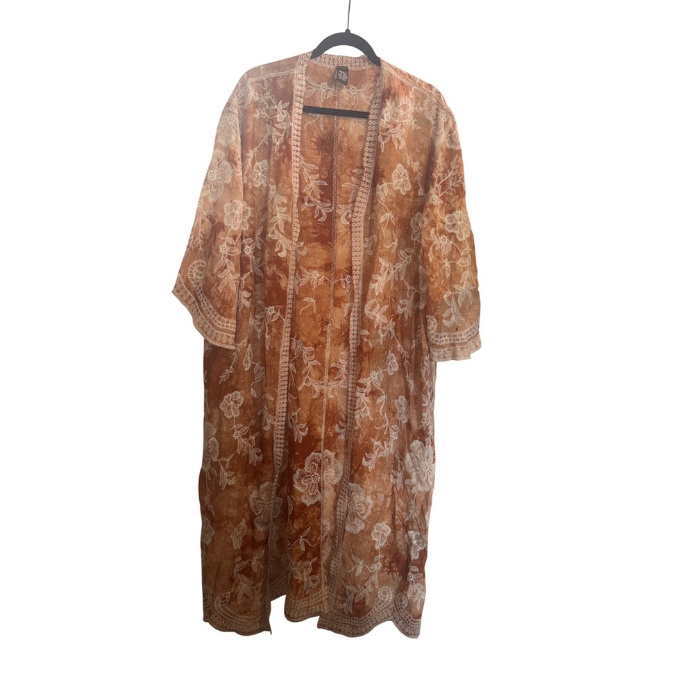 Raj Womens Rust Orange Tie Dye Embroidered Kimono Duster Cardigan One Size Boho
